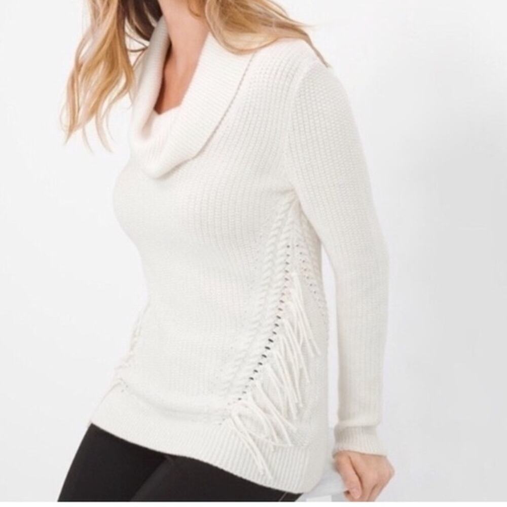 White House Black Market Cowl Neck Fringe Sweater sz M Cream Knit Sweater